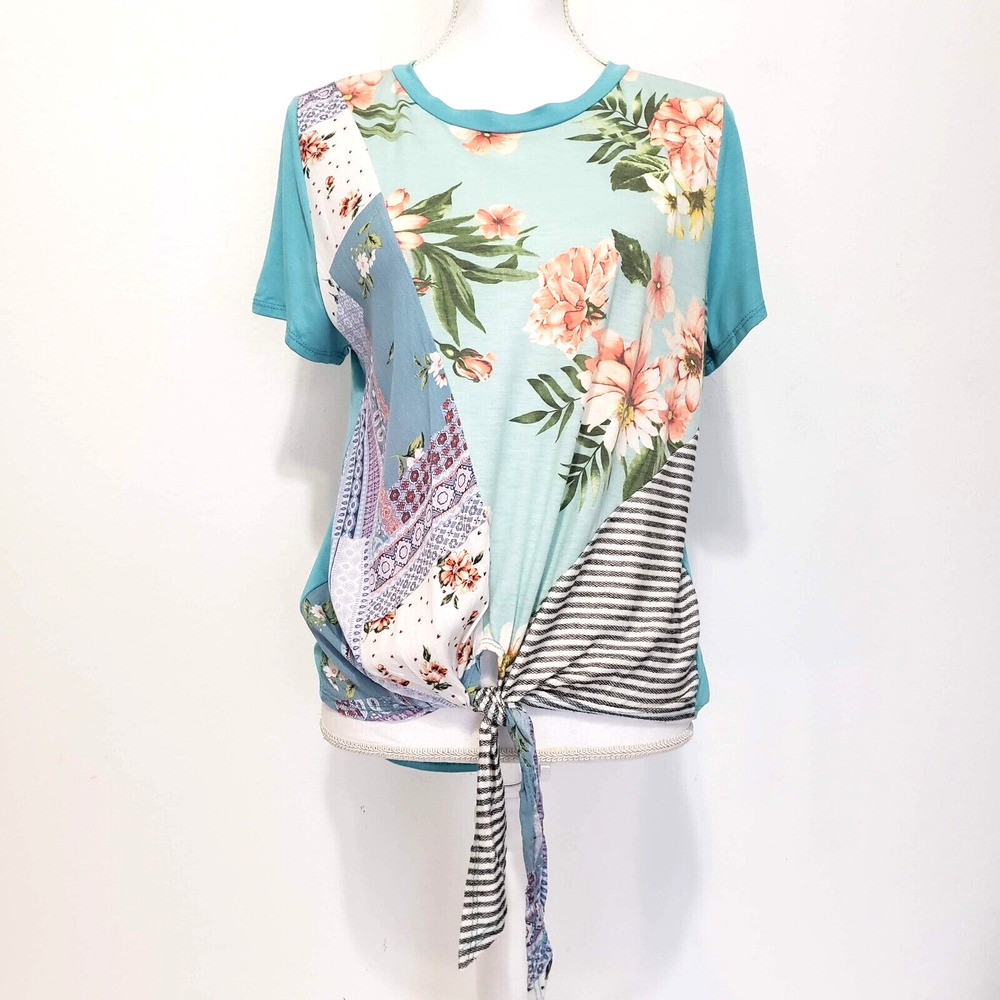 Adora Women’s SIZE S Top Short Sleeve Blue Floral Blouse Tie Front Casual